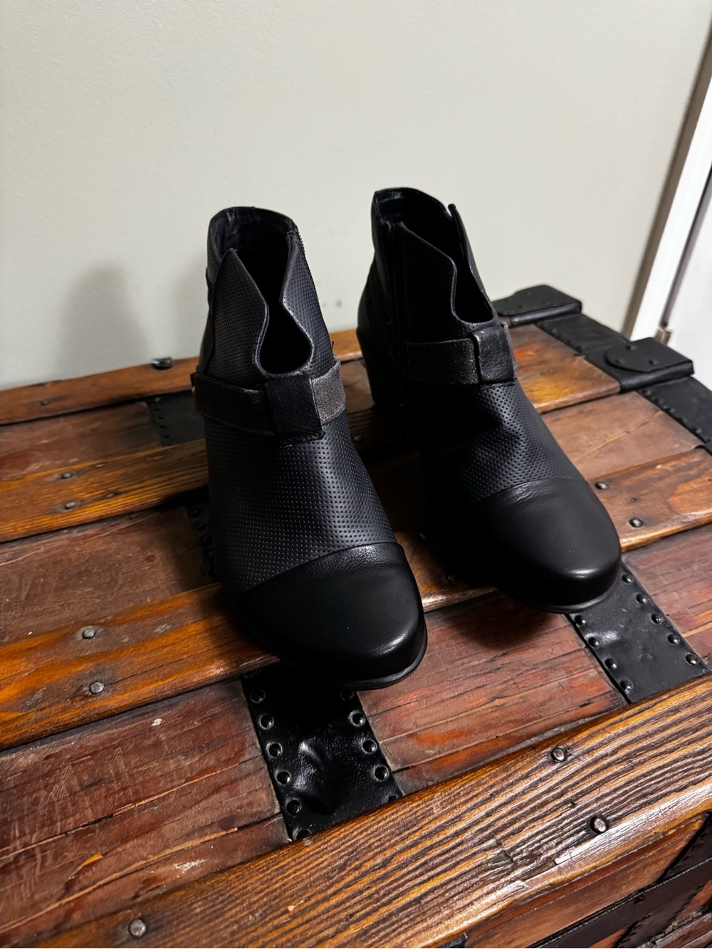 Naot Black Perforated Leather Ankle Booties with Strap